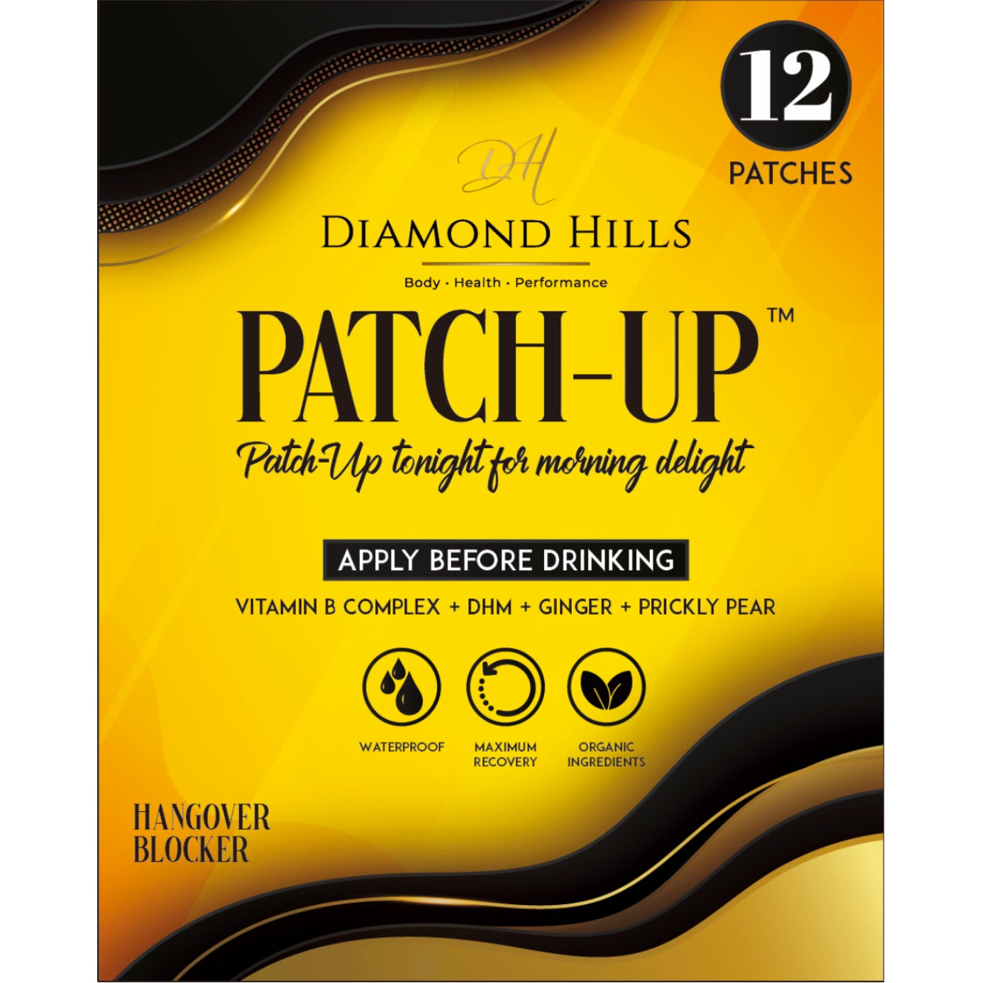Diamond Hills Patch-Up - 12-Pack Hangover Patches - Maximum Recovery - Waterproof, Organic Ingredients Vitamin B, DHM, Ginger, Prickly Pear